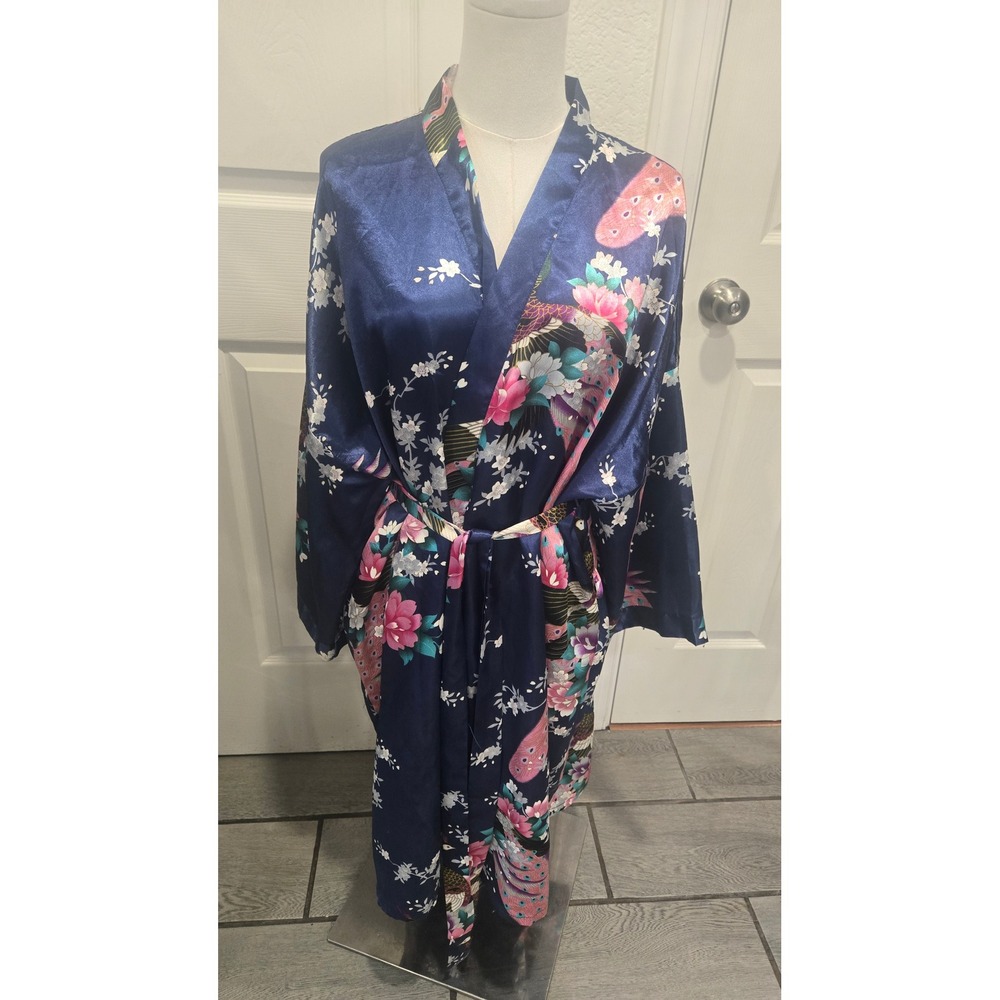 Navy Blue Satin Peacock Floral Kimono Robe Long Sleeve Wrap Belted Loungewear